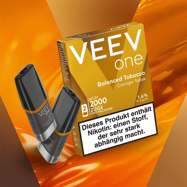 VEEV ONE Pods Balanced Tobacco – Produkt mit geöffnetem Pod vor stilvollem Hintergrund