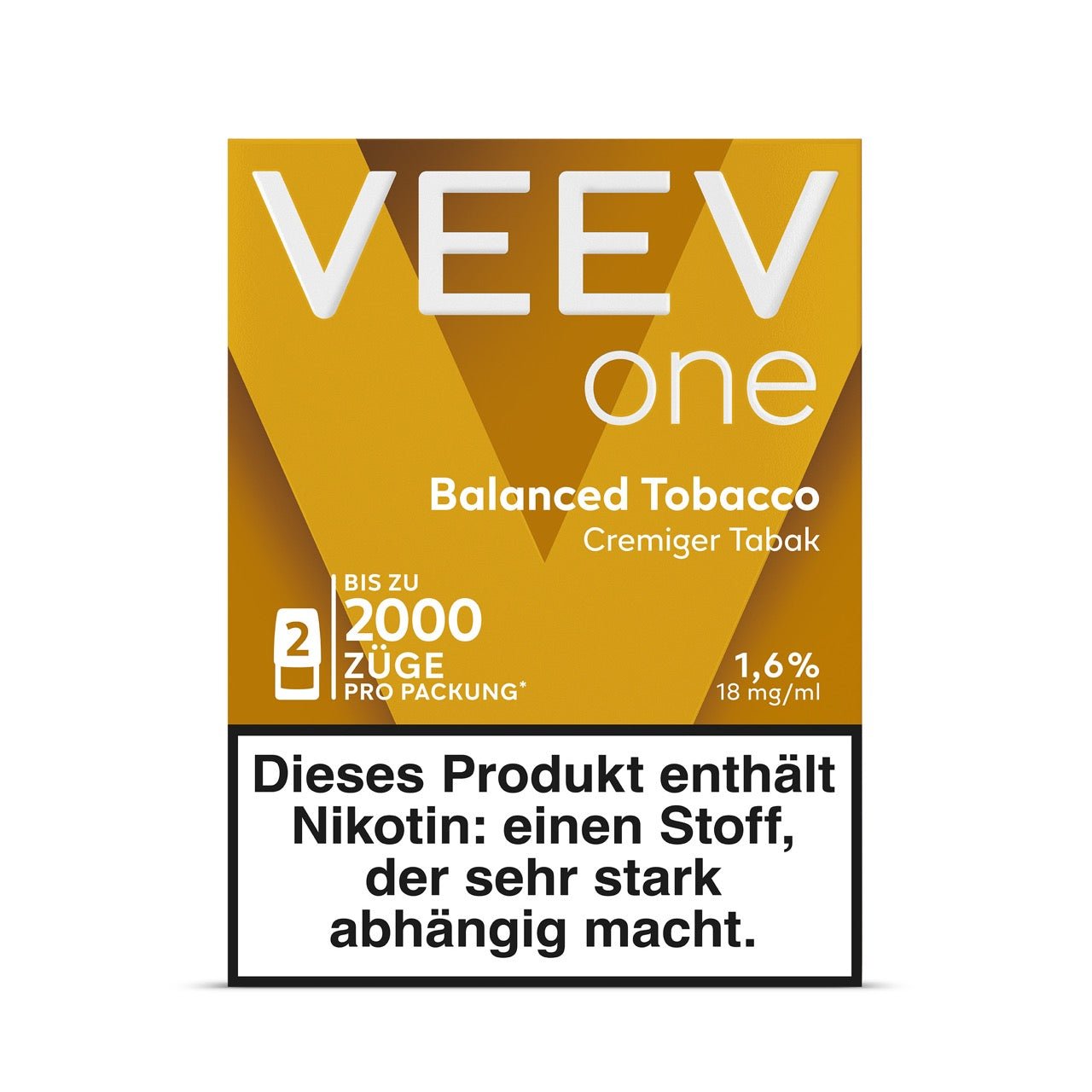 VEEV ONE Pods Balanced Tobacco – Vorderseite der Verpackung mit Tabakaroma-Design