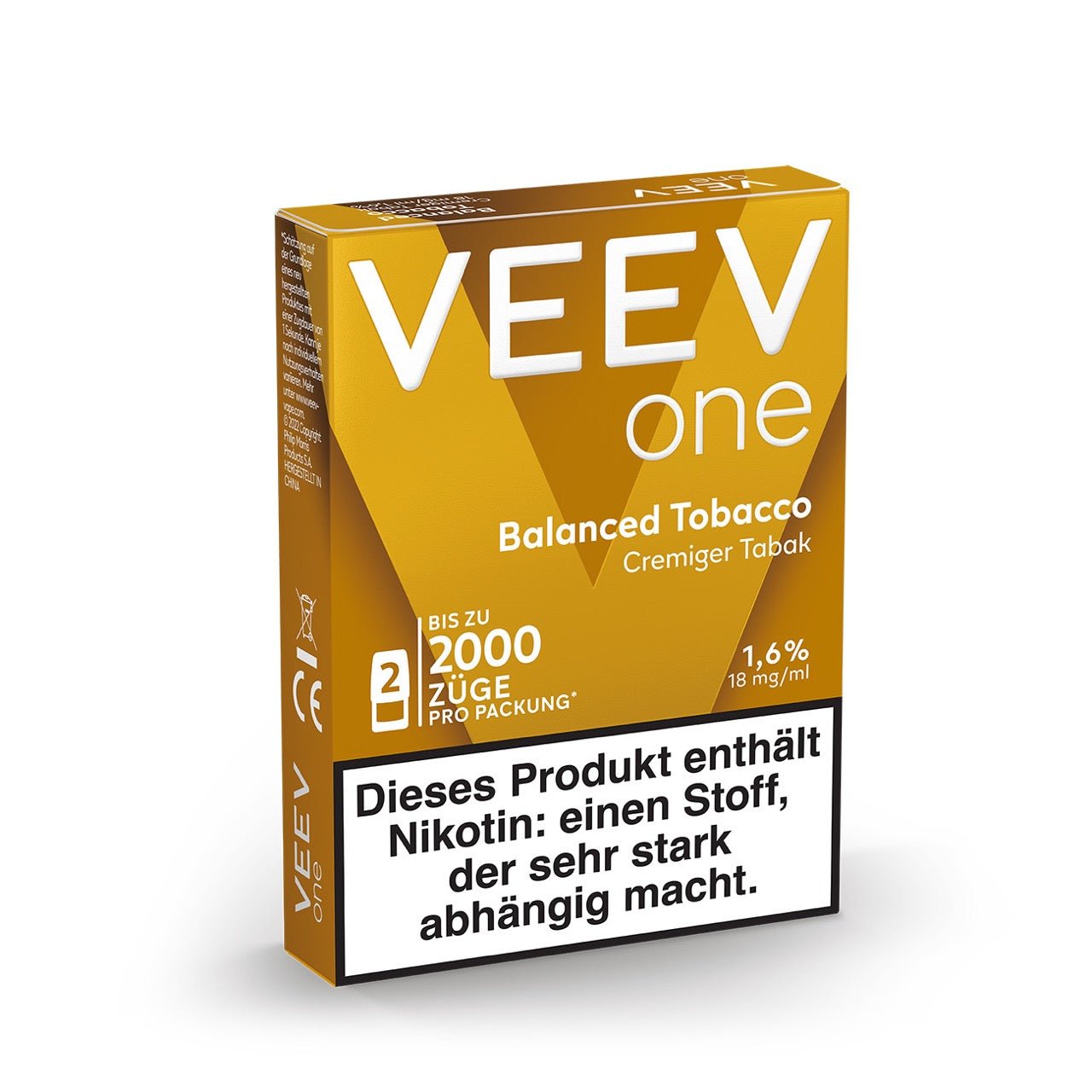 VEEV ONE Pods Balanced Tobacco – 2er-Packung mit 2 ml Pods im schrägen Blickwinkel