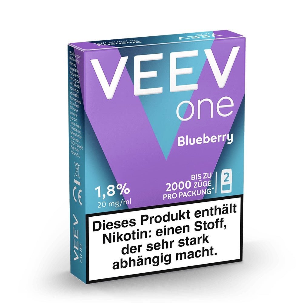 Seitenansicht der VEEV ONE Pods Blueberry Verpackung mit Pod-Symbol