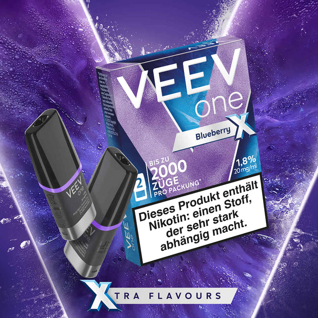 VEEV ONE Pods Blueberry X mit zwei Pods und Verpackung vor violettem Hintergrund
