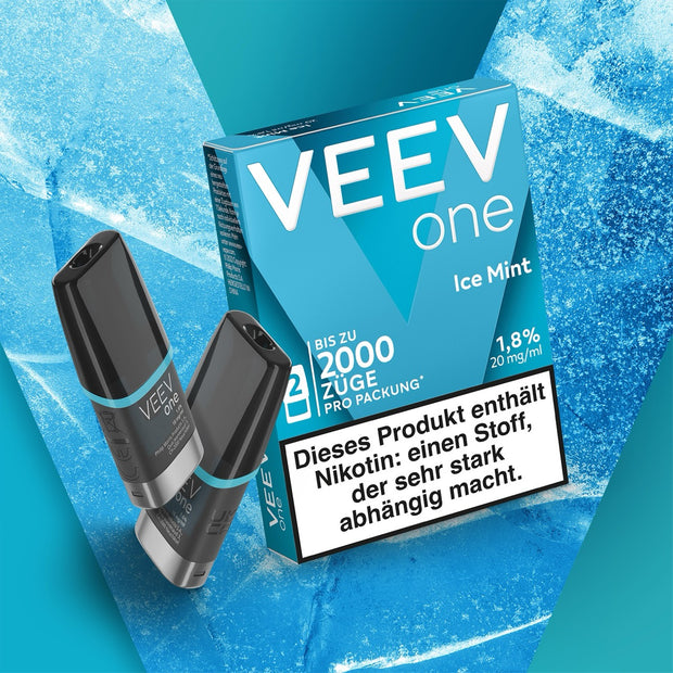 VEEV ONE Pods Ice Mint 2er Pack – Packung mit zwei Pods auf blau-weißem, eisigen Hintergrund fotografiert.