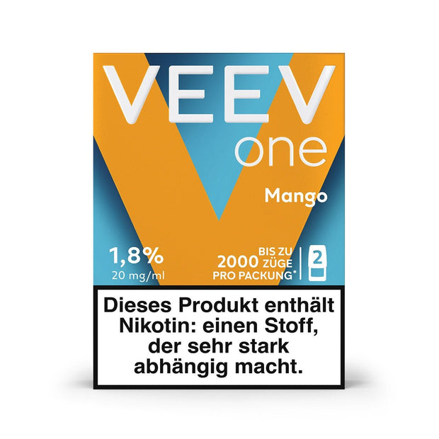 VEEV ONE Pods Mango – Vorderseite der Verpackung mit tropischem Design und Nikotinangabe