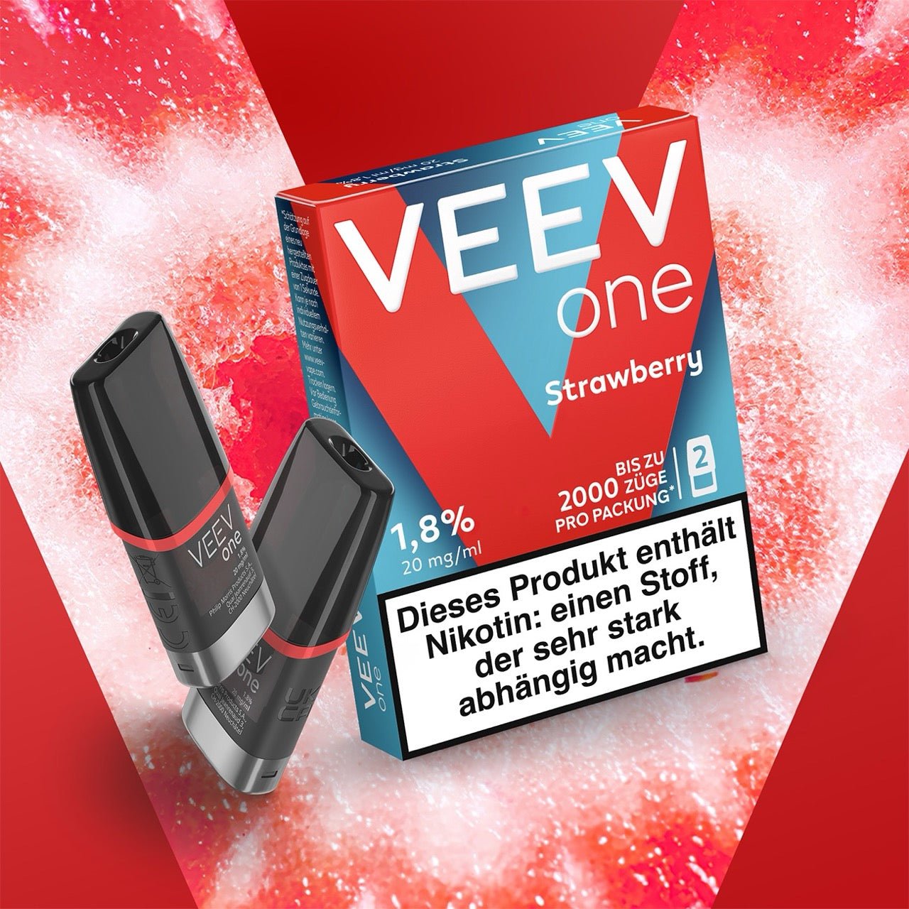 VEEV ONE Pods Strawberry – Packung mit Pods vor fruchtigem Hintergrund