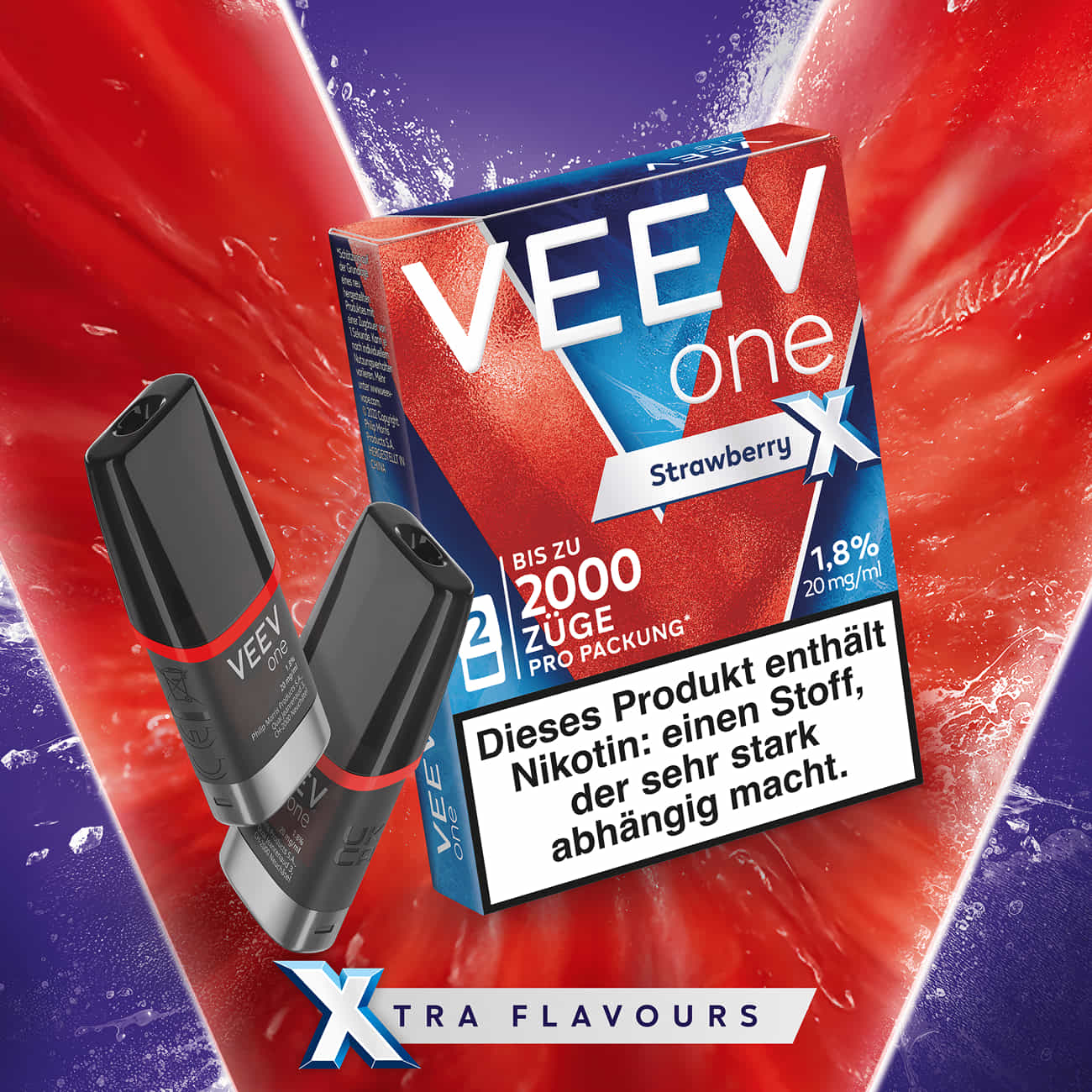 VEEV ONE Pods Strawberry X mit zwei Pods und Verpackung vor rotem Hintergrund