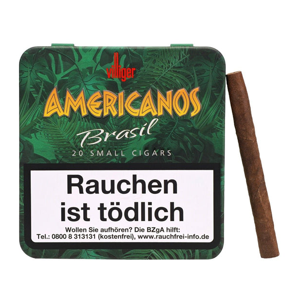 Villiger Americanos Brasil – Schachtel frontal mit angelehntem Cigarillo, 20 Stück, 81×8,1 mm