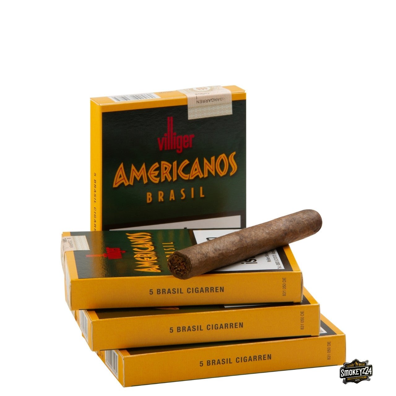 Villiger Americanos Brasil – stehende Packung vor liegenden, Zigarre obenauf, 5×5 Stück
