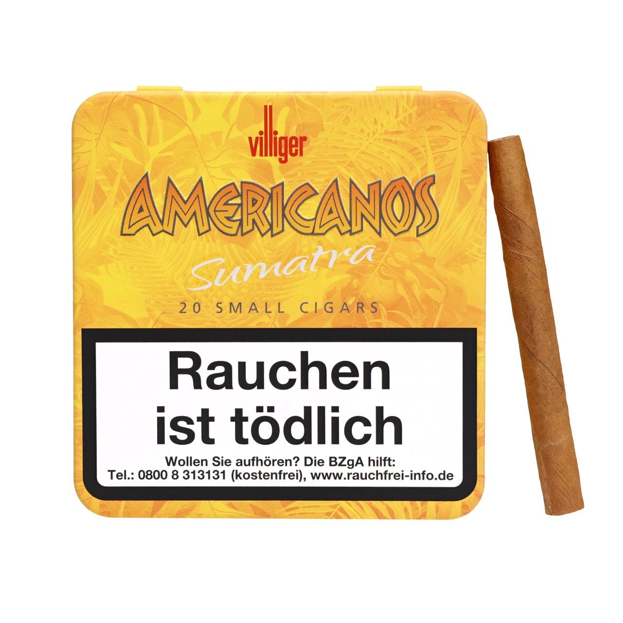 Villiger Americanos Sumatra Cigarillos – Schachtel frontal mit angelehntem Cigarillo, 20 Stück