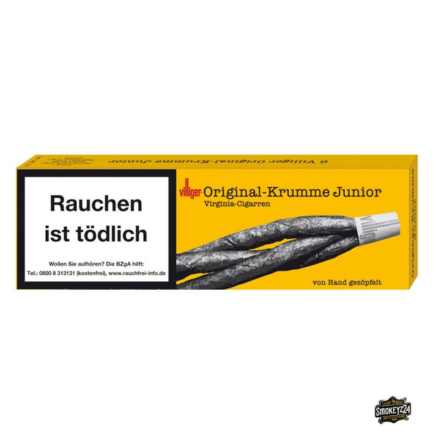 Packung Villiger Original Krumme Junior – 6 Stück, handgezöpfte Zigarren, Schachtel frontal