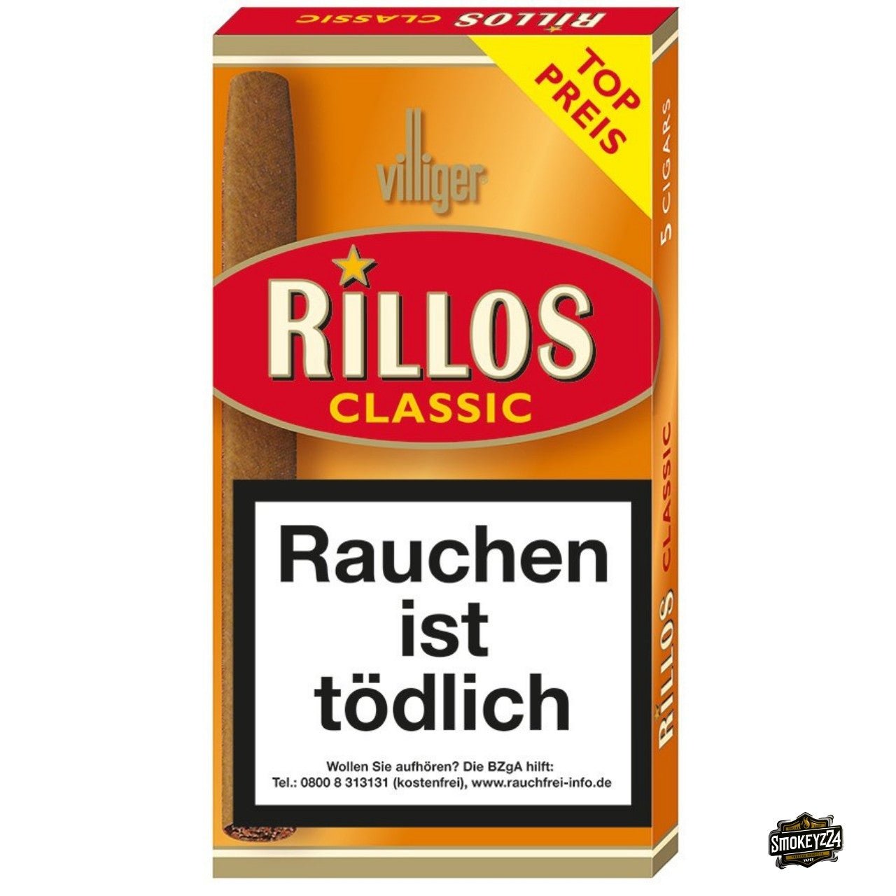 Villiger Rillos Classic Cigarillos 5er Packung, Schachtel frontal, 101 mm ohne Filter