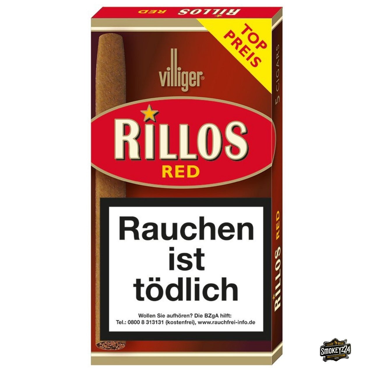 Villiger Rillos Red Cigarillos 5er Packung, Schachtel frontal, gesüßtes Mundende, 101 mm x 11,4 mm