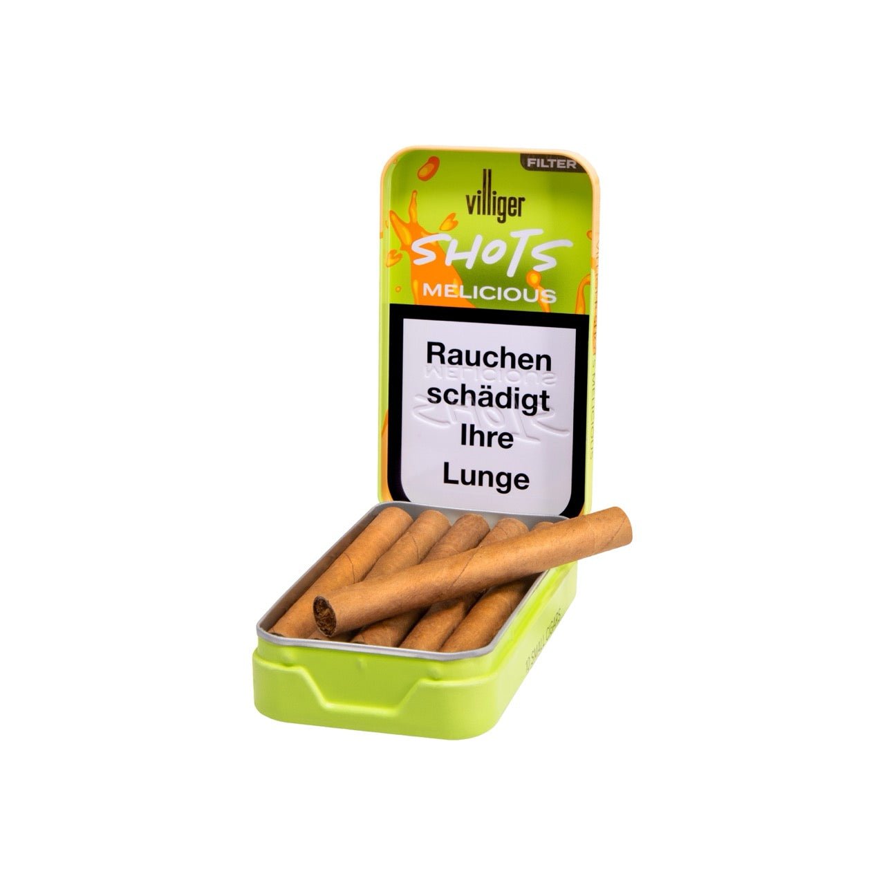 Villiger Shots Melicious – 10er Metalletui offen, fruchtige Melonen-Cigarillos im Short-Smoke-Format