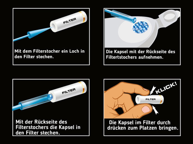 VOVAN Balls Anwendung: Aromakapsel mit Stick in Zigarettenfilter einsetzen und durch Klicken Blueberry Mint Aroma freisetzen