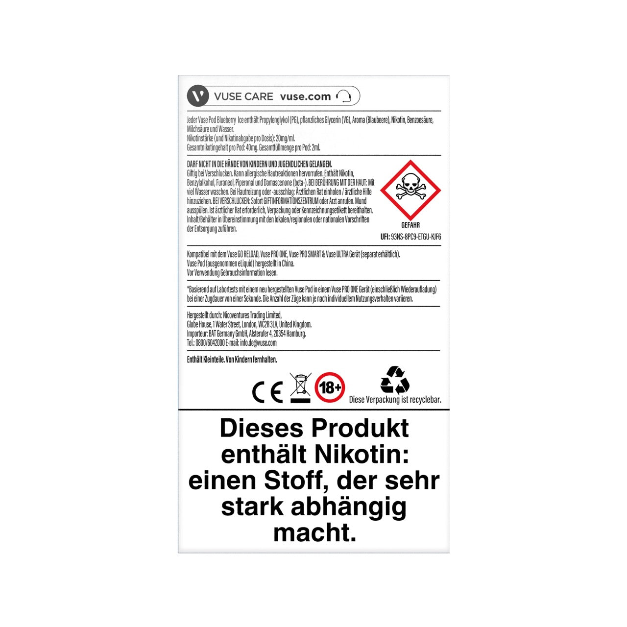 Vuse Pods Blueberry Ice 20mg neues Design 2024, Blaubeere, Packung Rückseite, Smokeyz24.de