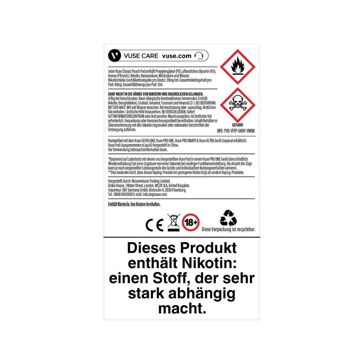 Rückseite der Vuse Pods Classic Peach mit Inhaltsstoffen und Warnhinweisen