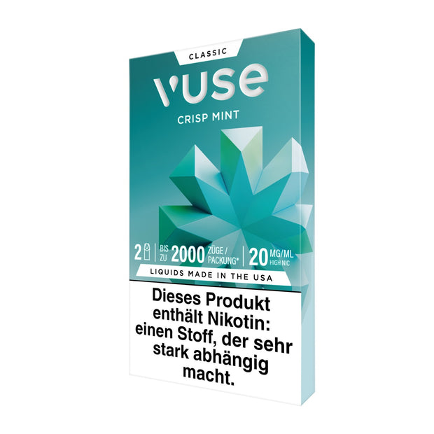 Vuse Pods Crisp Mint 20mg leicht seitlich fotografiert, präsentiert das neue 20mg Design