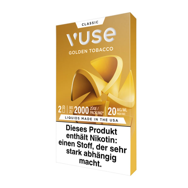 Vuse Pods Golden Tobacco 20mg leicht seitlich fotografiert, zeigt das neue Design mit 20mg Nikotin