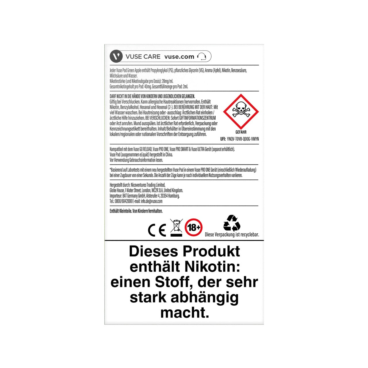 Vuse Pods Green Apple Sour 20mg neues Design 2024, Apfel, Packung Rückseite, Smokeyz24.de