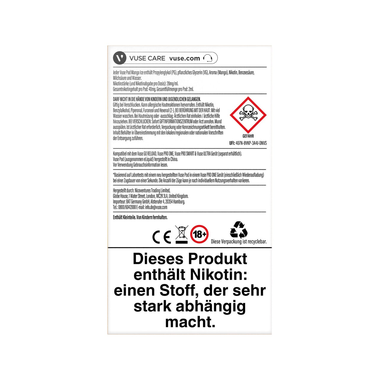 Vuse Pods Mango Ice 20mg neues Design 2024, Mango, Packung Rückseite, Smokeyz24.de