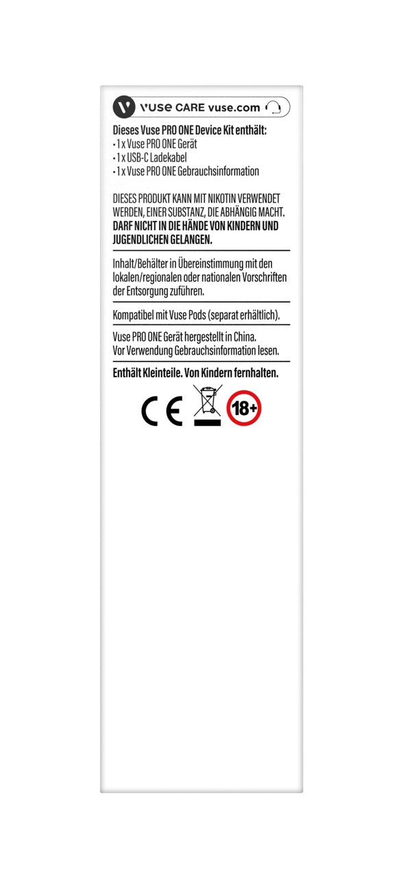 Rückseite der Vuse Pro One Device Pen Aqua Verpackung mit Produktdetails und technischen Informationen.