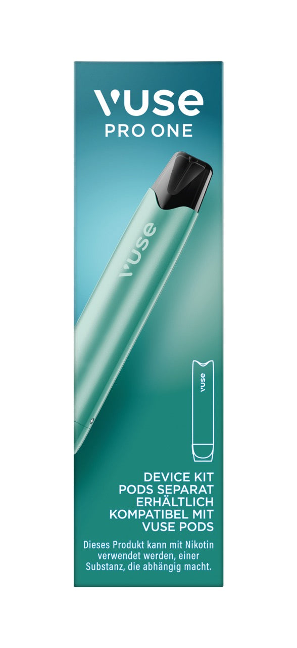 Vorderseite der Vuse Pro One Device Pen Aqua Verpackung im modernen türkis-blauen Design.