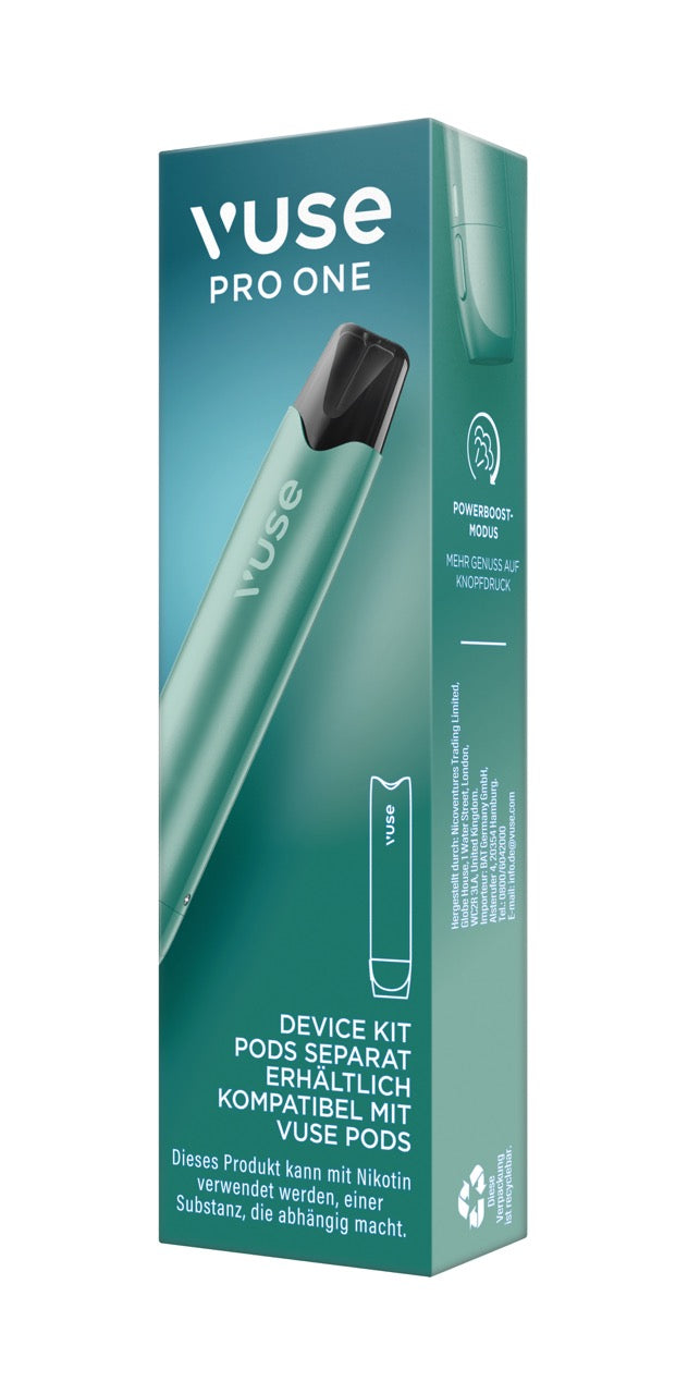 Vuse Pro One Device Pen Aqua – Verpackung leicht seitlich von rechts, mit auffälligem Aqua-Farbton.