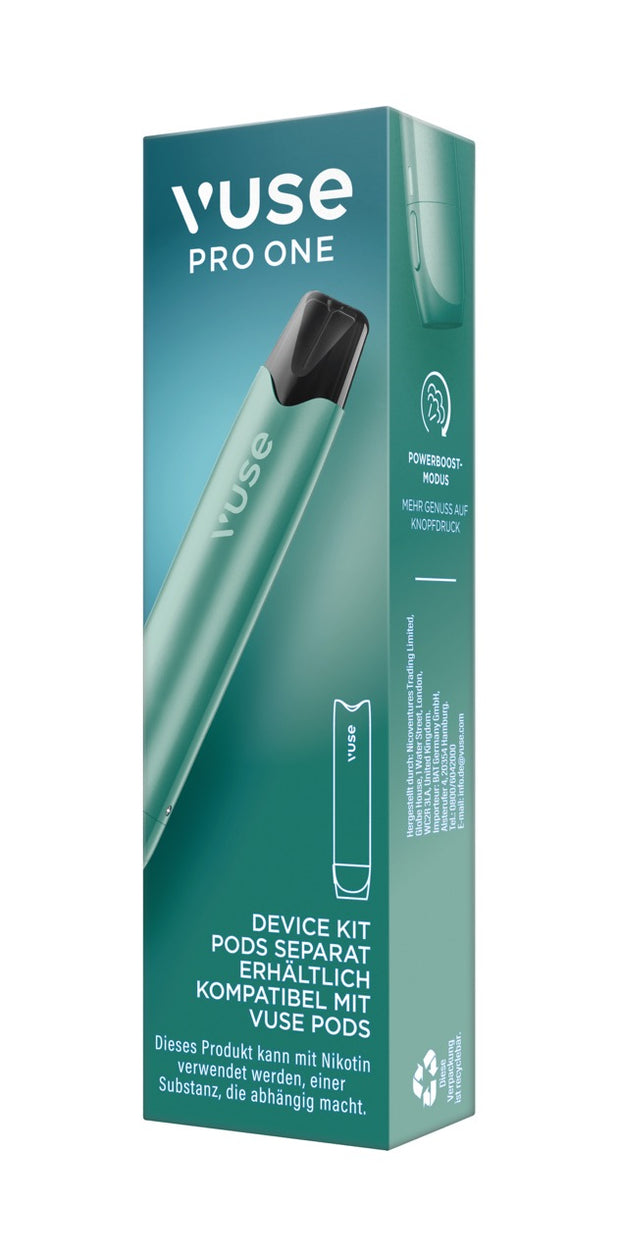 Vuse Pro One Device Pen Aqua – Verpackung leicht seitlich von rechts, mit auffälligem Aqua-Farbton.