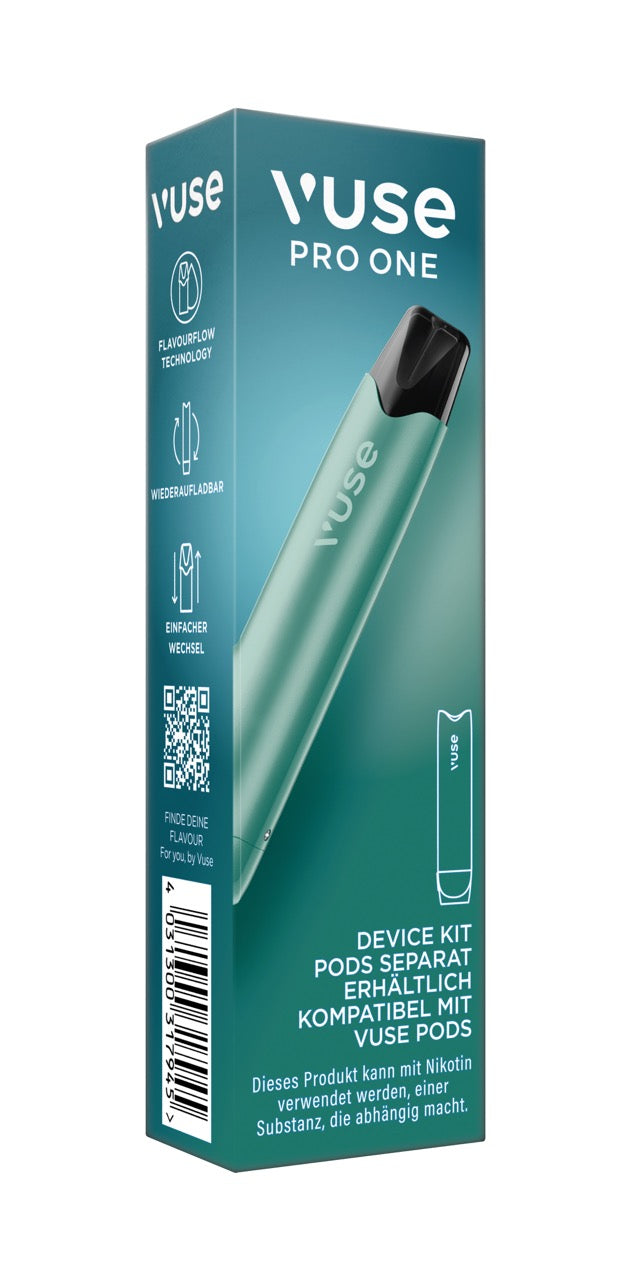 Vuse Pro One Device Pen Aqua – Verpackung leicht seitlich von links, stylisch und hochwertig.