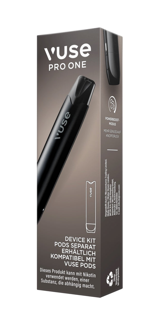 Vuse Pro One Device Pen Black – Verpackung leicht seitlich von rechts fotografiert, mit Branding.