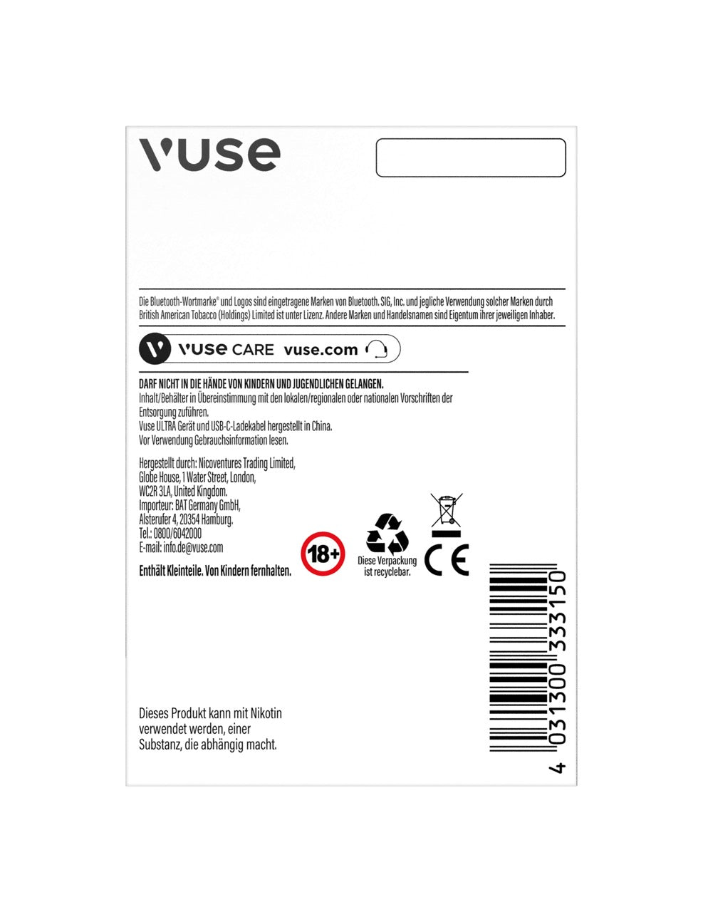 Vuse Ultra Device Charcoal Black – Rückseite der Verpackung mit Geräteinfos und technischen Details