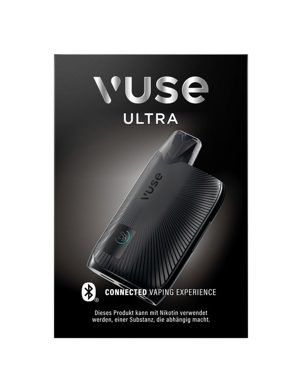 Vuse Ultra Device Charcoal Black – Verpackung frontal fotografiert, elegantes E-Zigaretten-Design