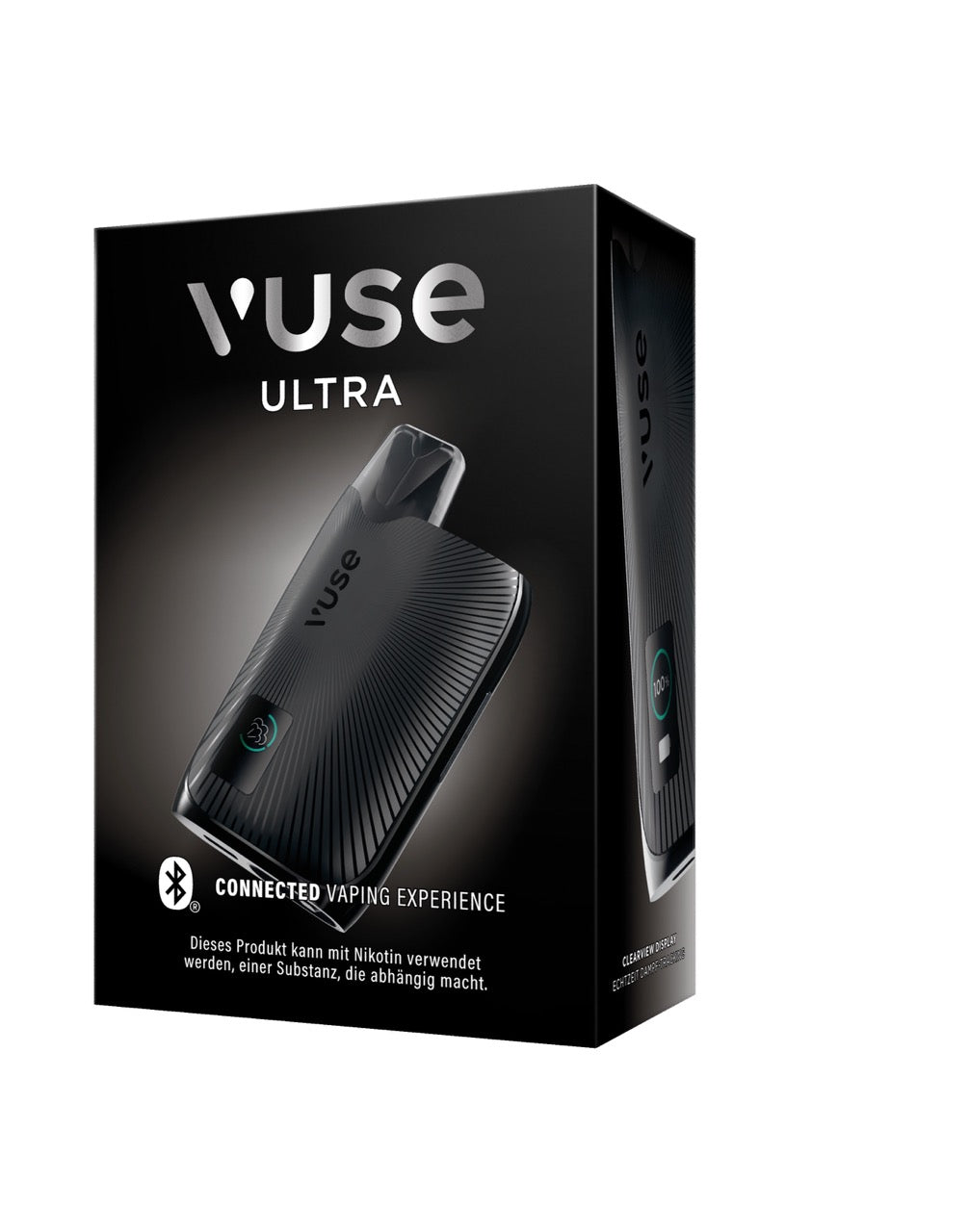 Vuse Ultra Device Charcoal Black – linke Seitenansicht der Verpackung, modernes Design mit Geräteabbildung