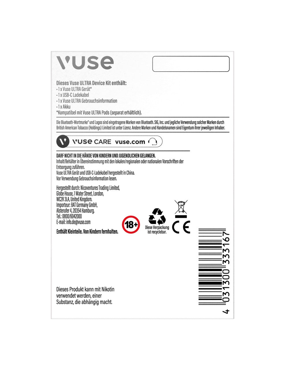 Vuse Ultra Device Pearl Rose – Rückseite der Verpackung mit Produktinformationen