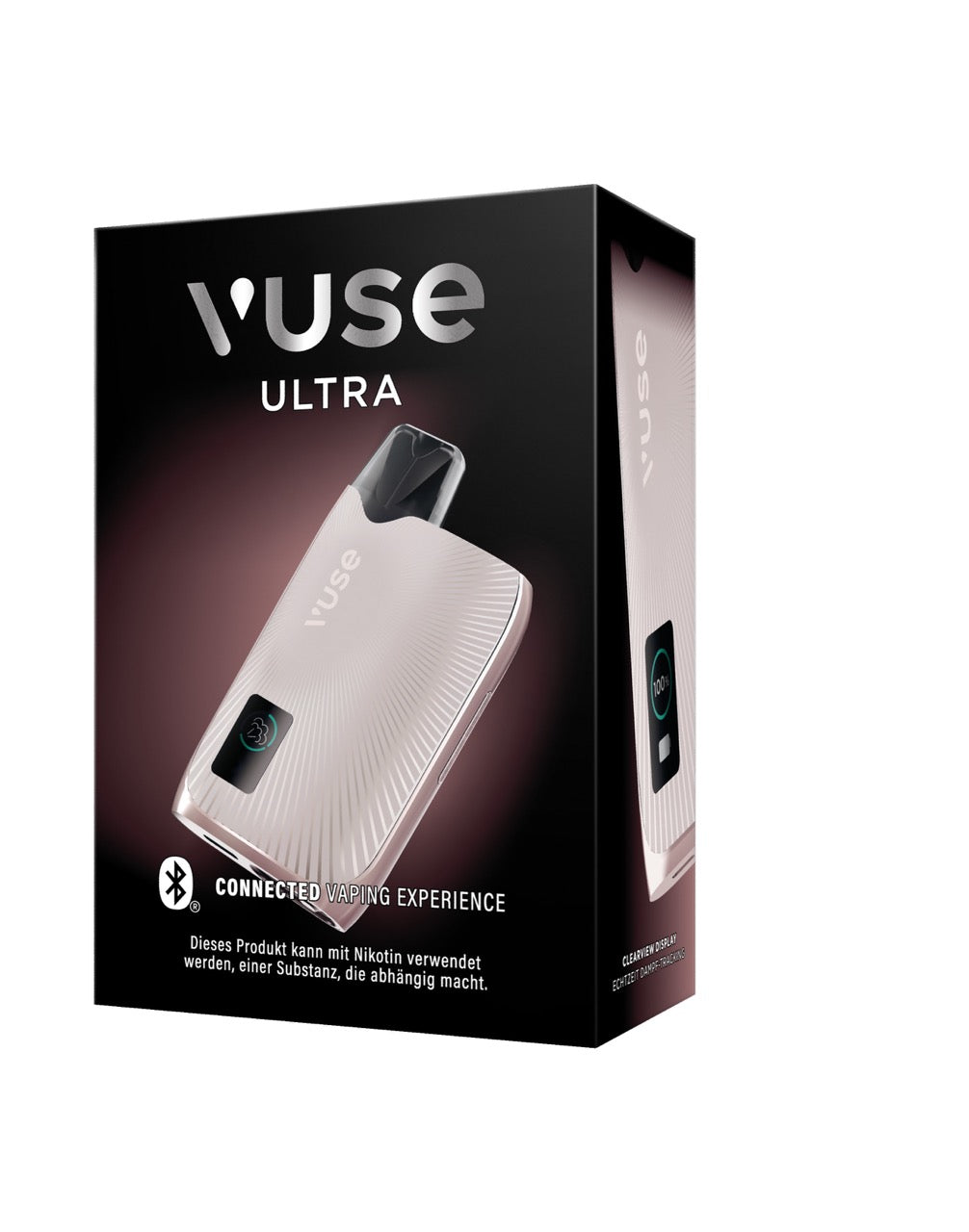 Vuse Ultra Device Pearl Rose – Verpackung seitlich von links fotografiert