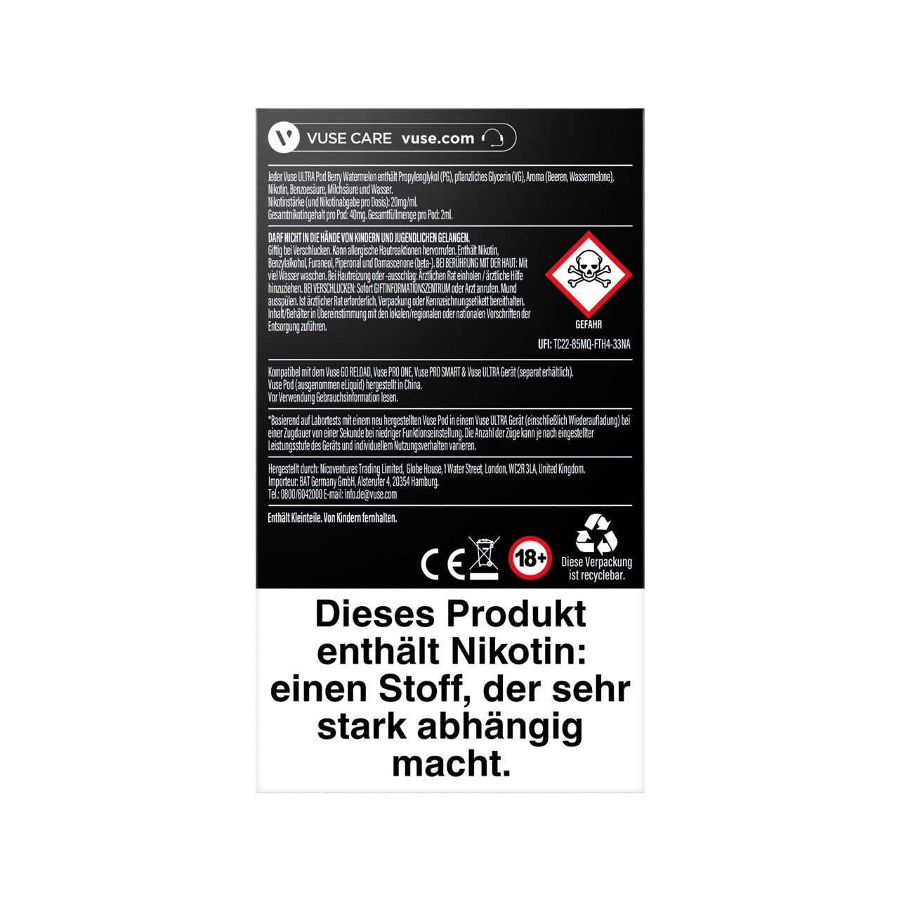 Vuse Ultra Pods Berry Watermelon, Verpackung Rückseite mit Zutaten und Sicherheitshinweisen