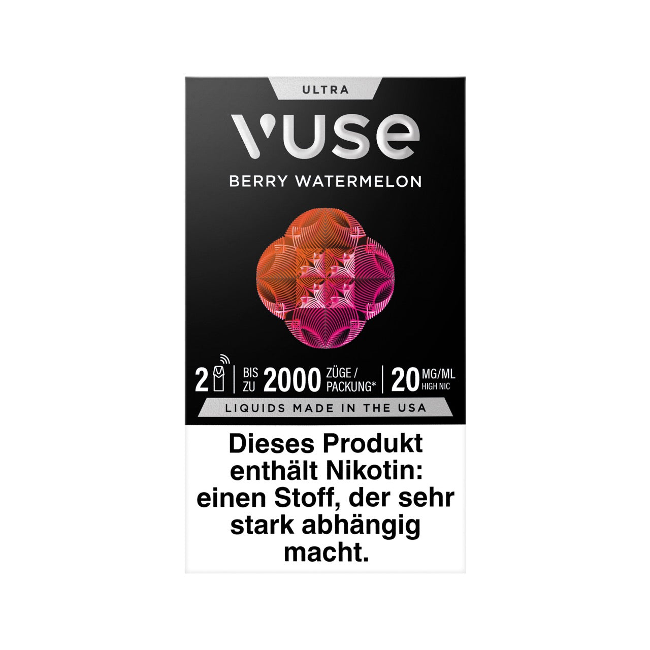 Vuse Ultra Pods Berry Watermelon 2er Pack, Packung frontal, fruchtig-frisches Aroma