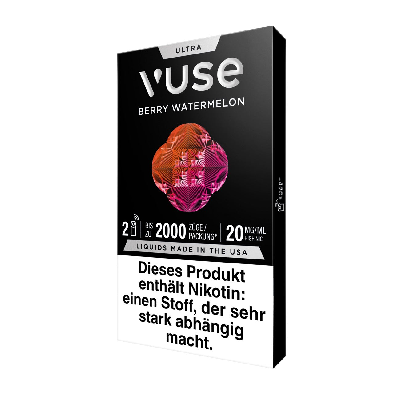 Vuse Ultra Pods Berry Watermelon, Verpackung seitlich von links, stylisches modernes Design