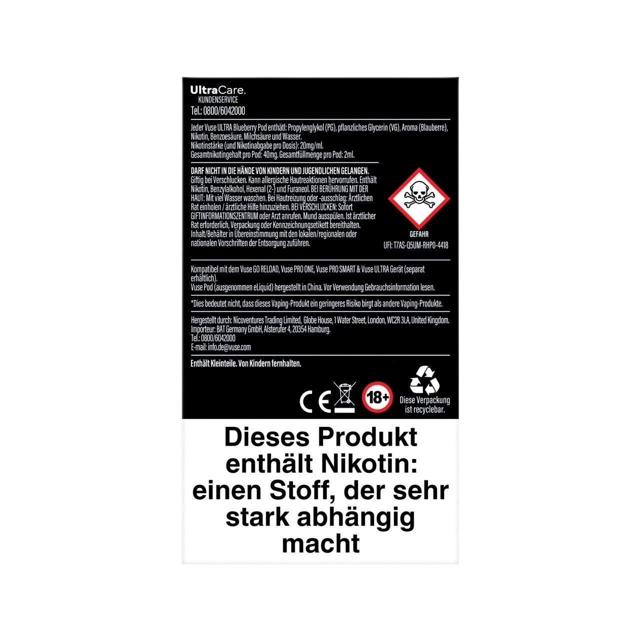 Vuse Ultra Pods Blueberry Rückseite mit Produkt- und Sicherheitshinweisen