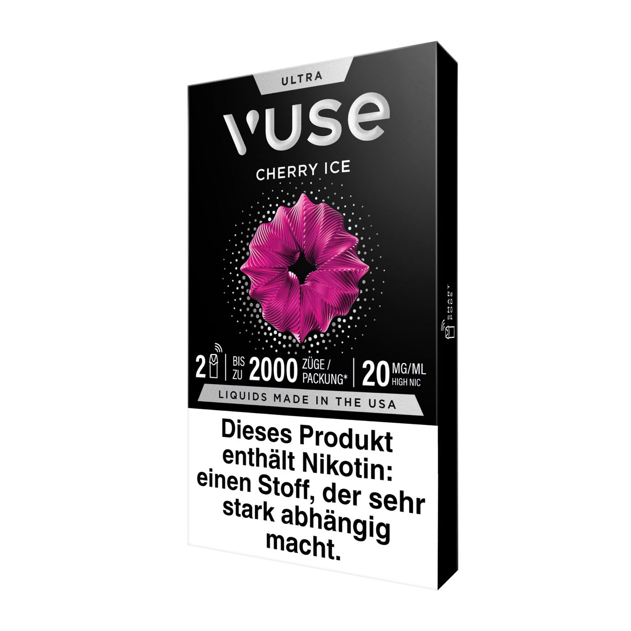 Vuse Ultra Pods Cherry Ice, Verpackung seitlich von links, modernes Design, Geschmacksrichtung Kirsche