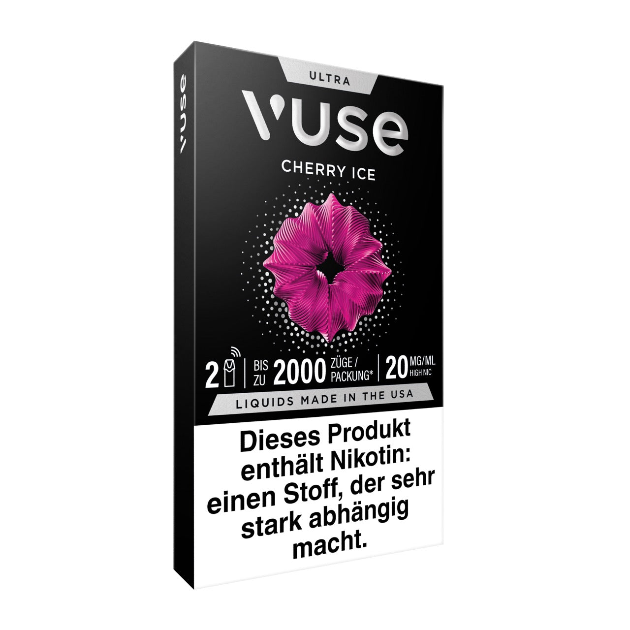Vuse Ultra Pods Cherry Ice, Verpackung seitlich von rechts, Details und Produktinfos sichtbar