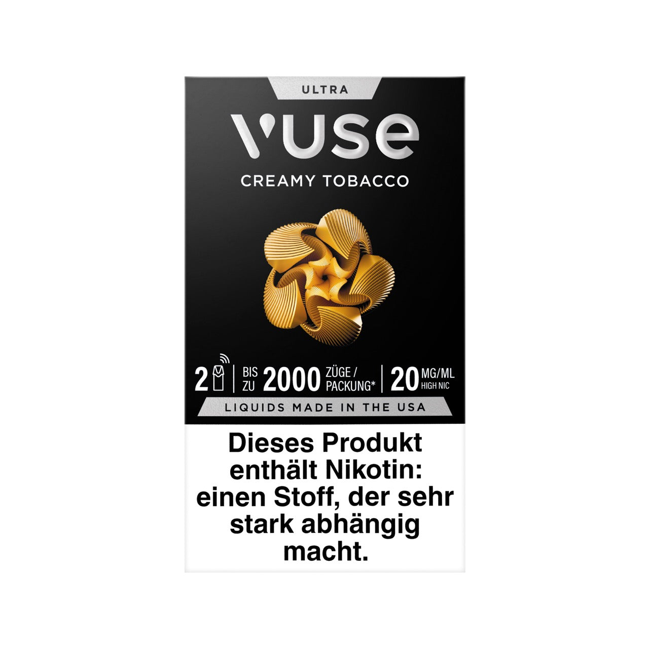 Vuse Ultra Pods Creamy Tobacco 2er Pack, Vorderseite der Packung, cremiger Tabakgeschmack