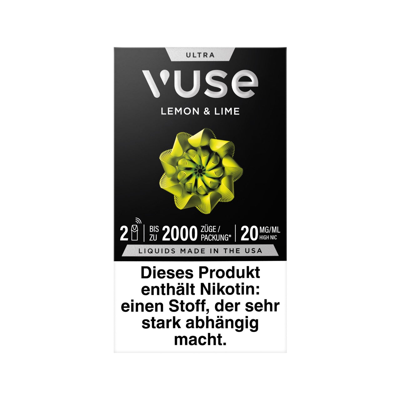 Vuse Ultra Pods Lemon & Lime 2er Pack, Vorderseite, erfrischender Zitronen- und Limettengeschmack