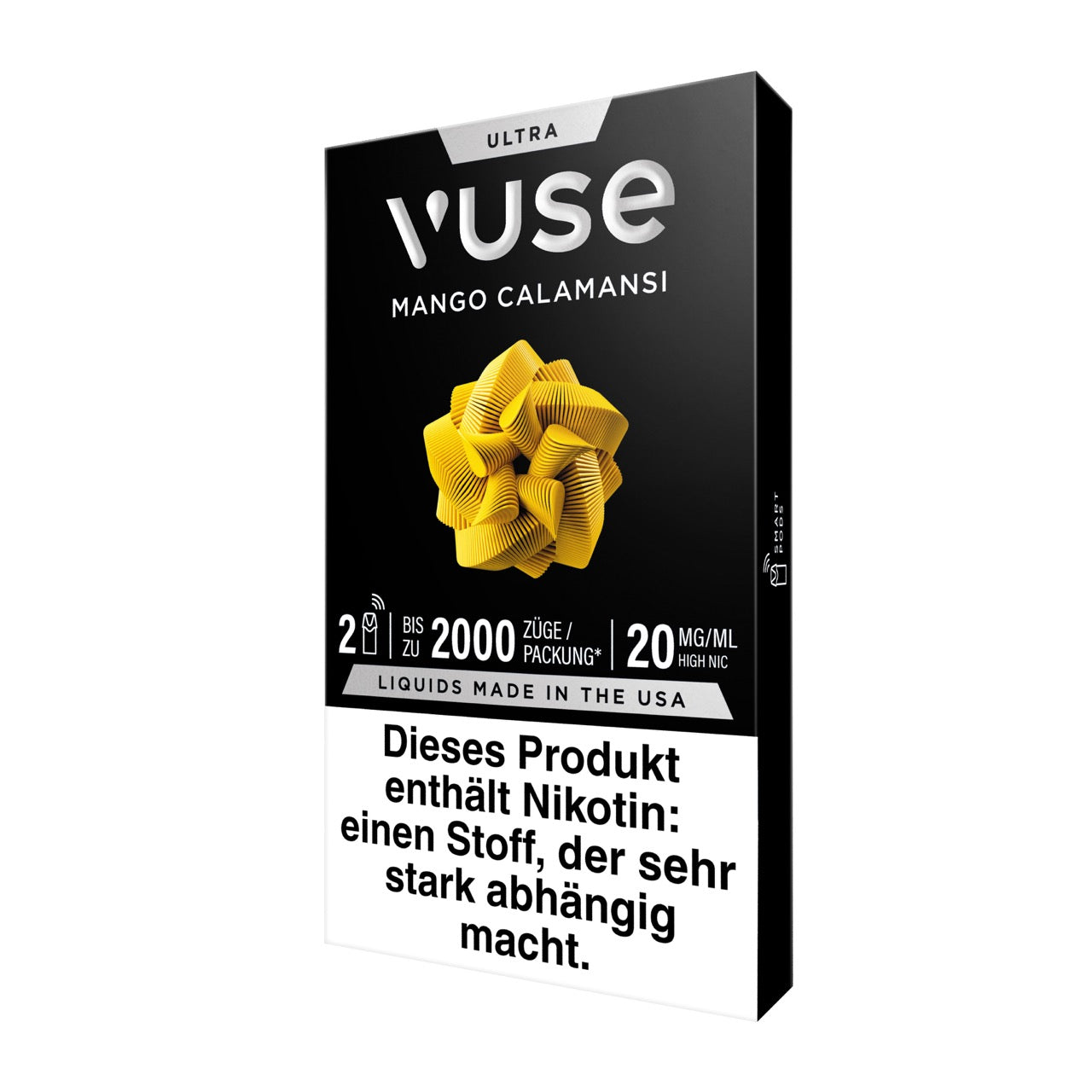 Vuse Ultra Pods Mango Calamansi, Verpackung seitlich von links, modernes Design, Pod-Infos sichtbar