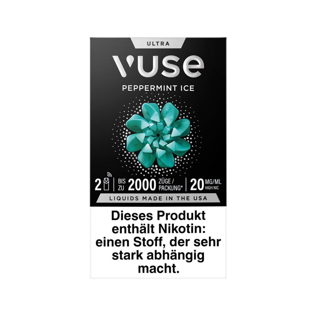 Vuse Ultra Pods Peppermint Ice 2er Pack, Vorderseite, frischer Pfefferminz-Geschmack mit Eis-Kick