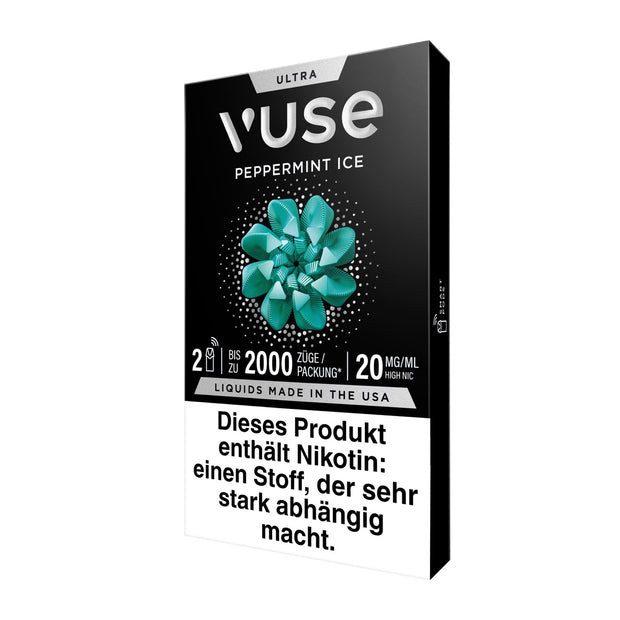Vuse Ultra Pods Peppermint Ice, Verpackung seitlich links, modernes Pod-Design, Produkthinweise sichtbar