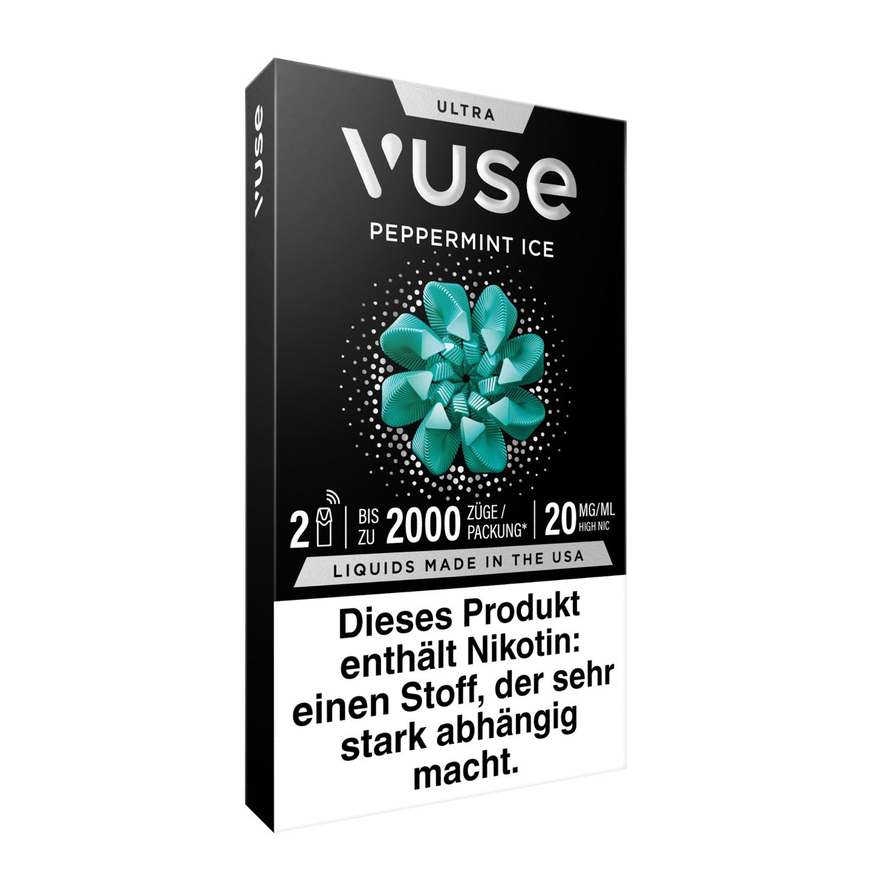 Vuse Ultra Pods Peppermint Ice, Verpackung seitlich rechts, Details zu Nikotin und Aroma