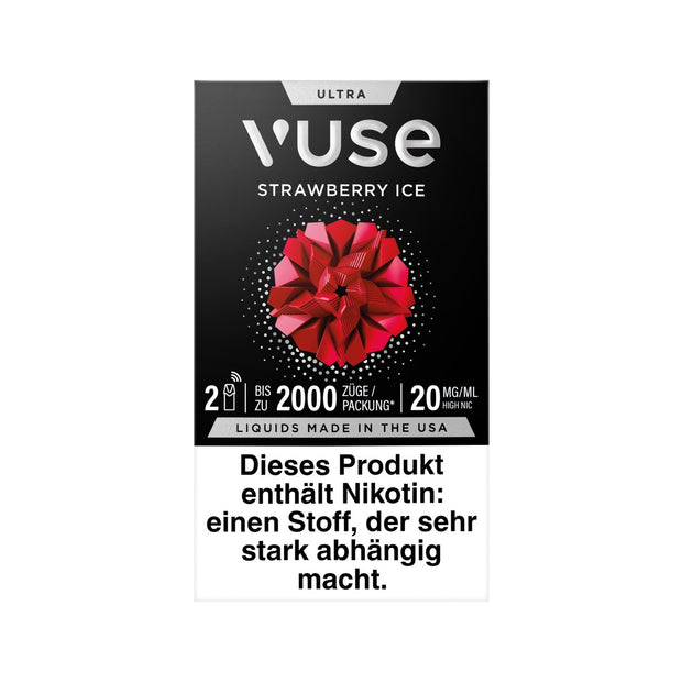Vuse Ultra Pods Strawberry Ice 2er Pack, Vorderseite, fruchtige Erdbeer-Geschmack mit kühler Ice-Note