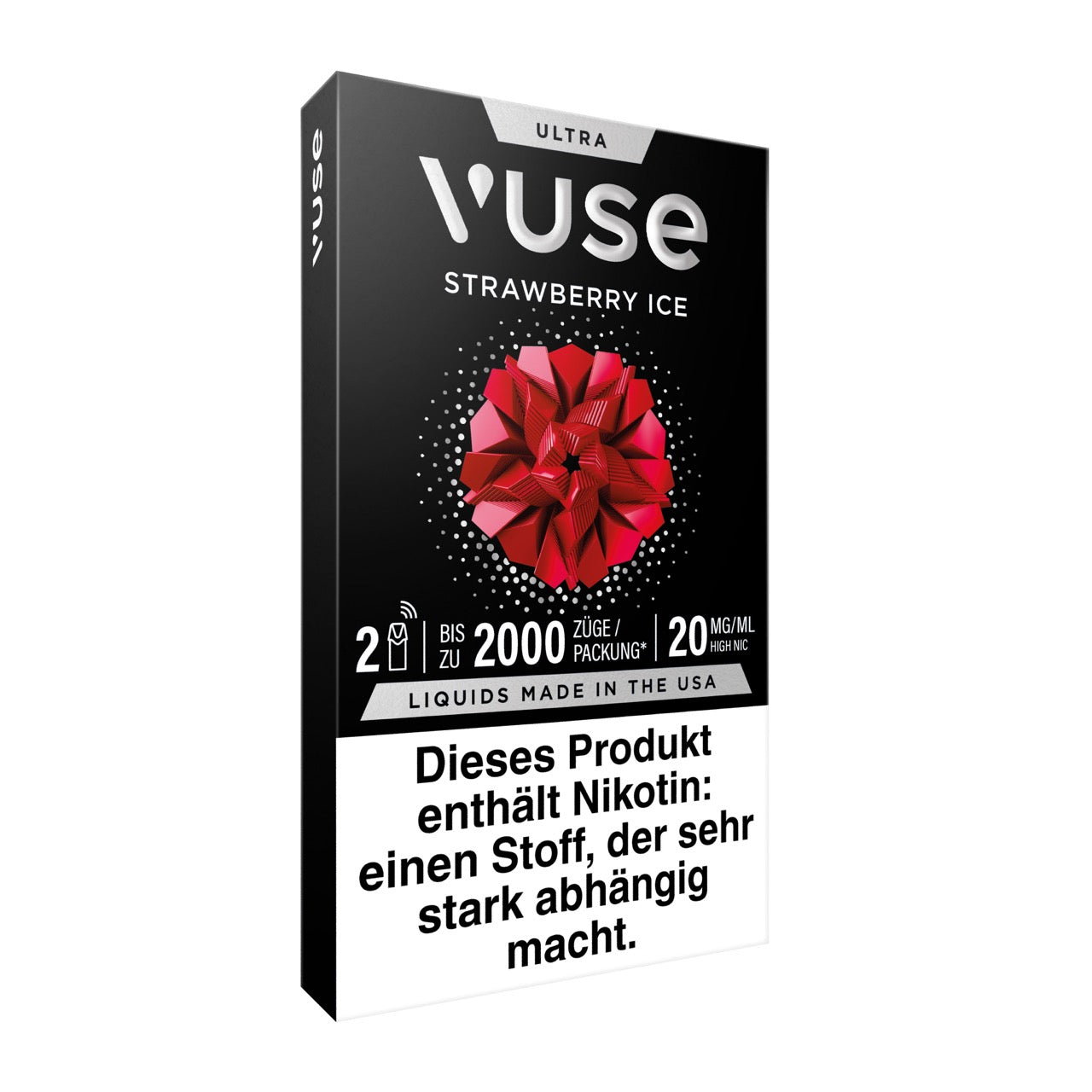 Vuse Ultra Pods Strawberry Ice, Verpackung seitlich rechts, Produktdetails und Aroma-Informationen