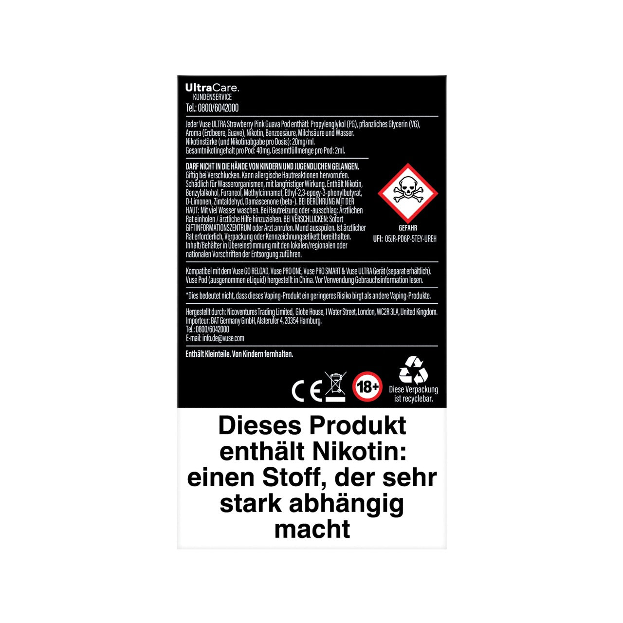 Vuse Ultra Pods Strawberry Pink Guava Rückseite mit Sicherheitshinweisen