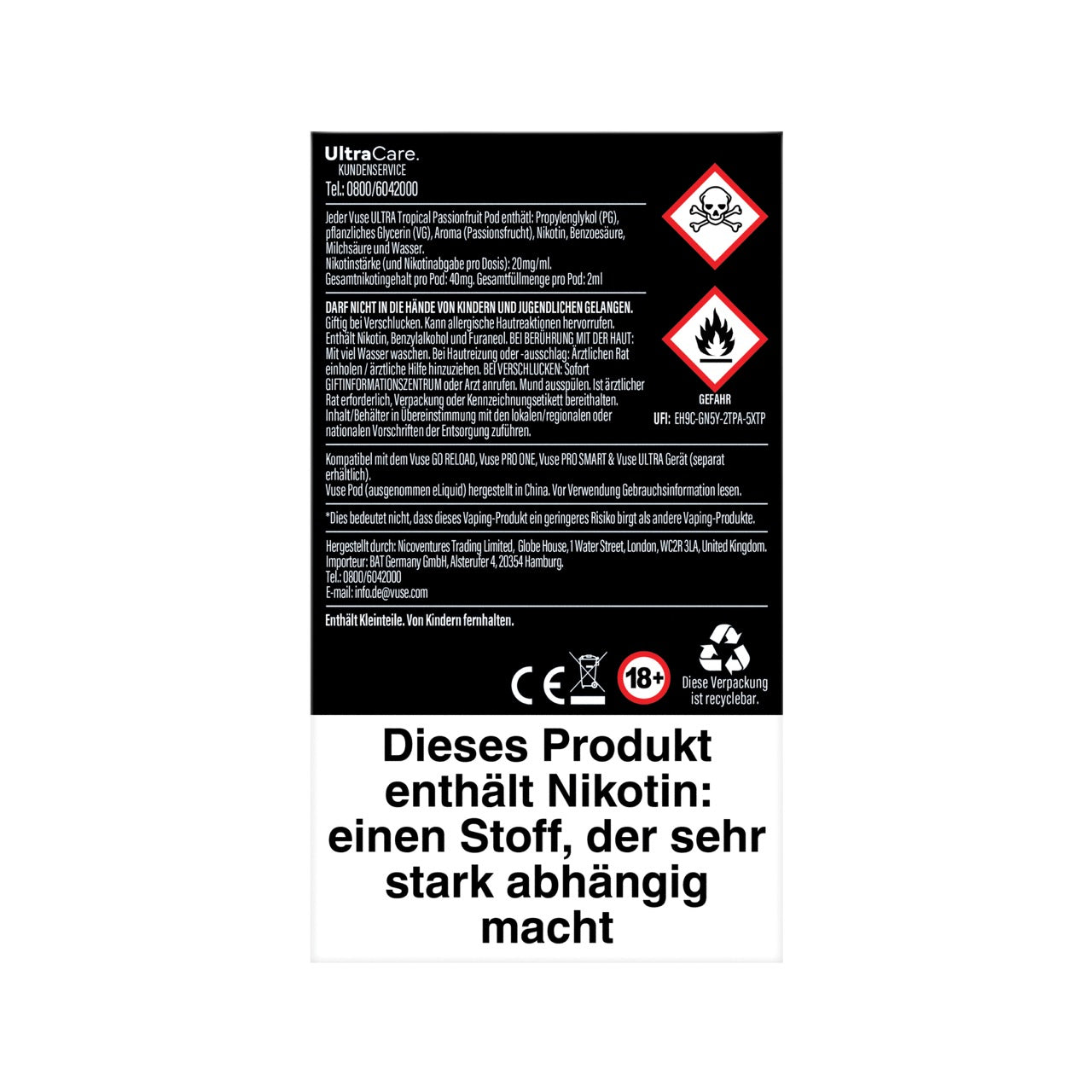 Vuse Ultra Pods Tropical Passionfruit Rückseite mit Sicherheitshinweisen